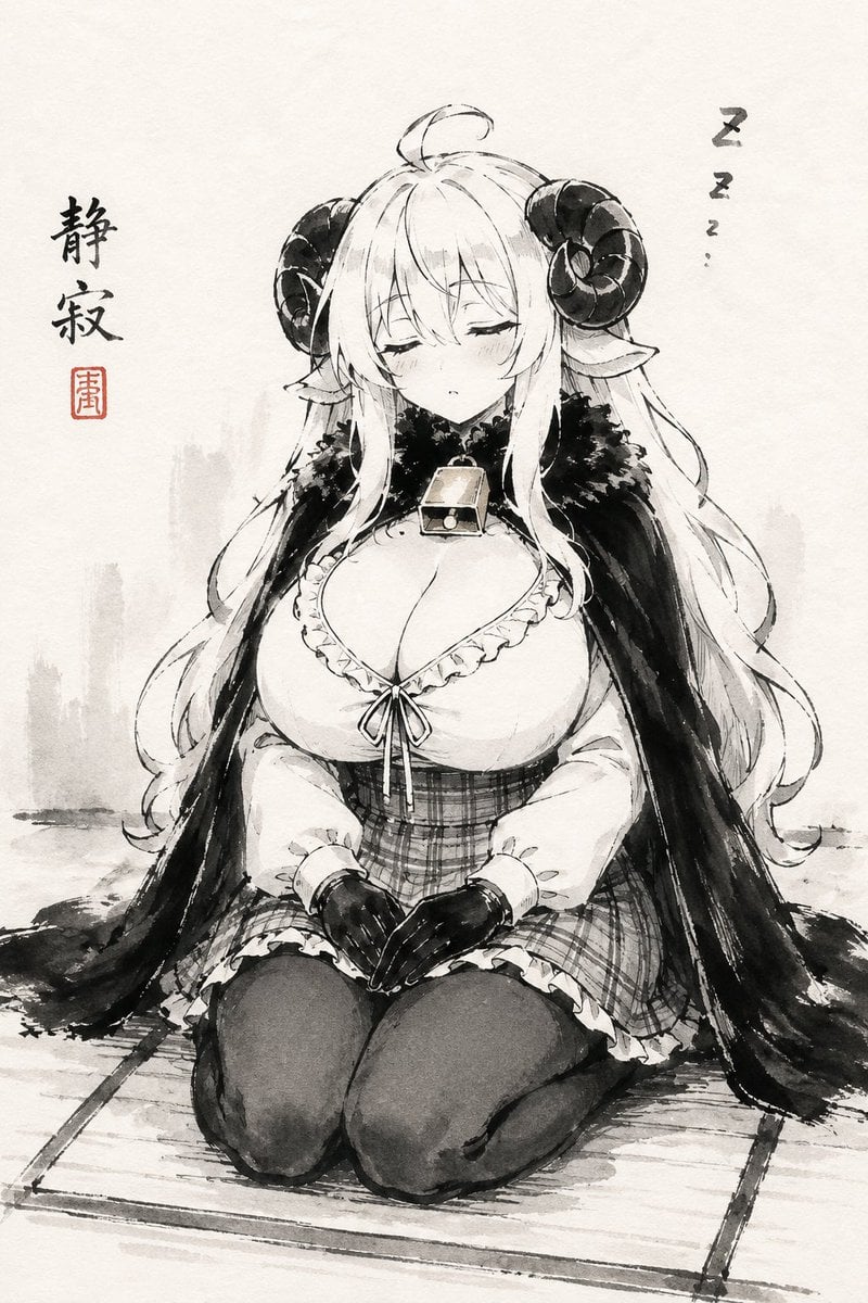 社交媒体帖子 - 睡羊女水墨画