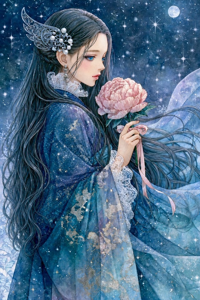 头像 - 月光下的动漫女子与牡丹